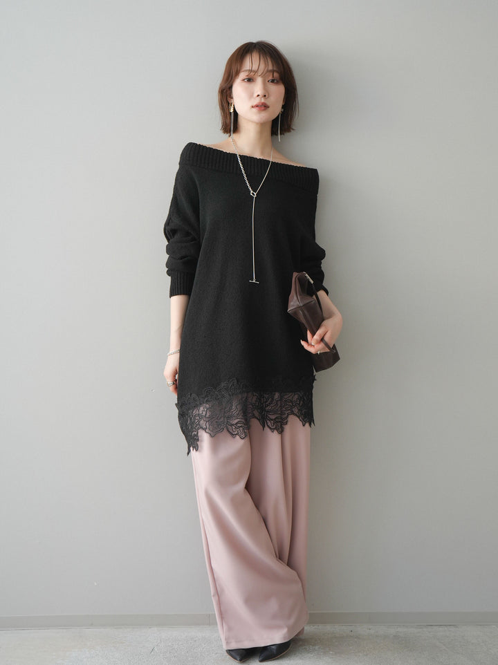 [SET]アシンメトリーレースヘムニットプルオーバー+ベルト付キーホルダーモチーフワイドパンツ(2set)