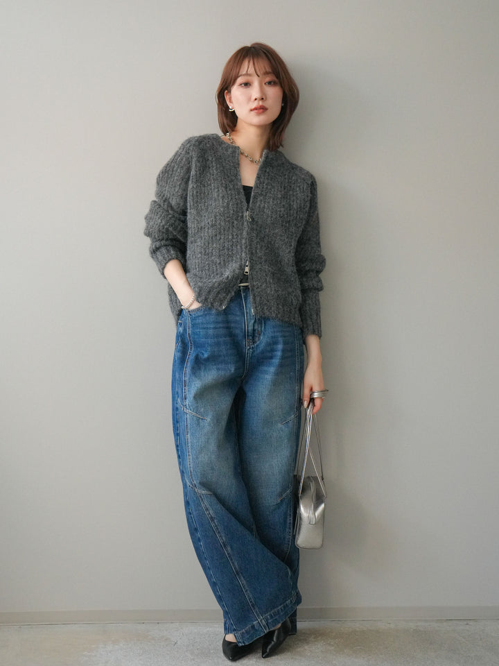 [予約]MIXヤーンモヘアタッチZIPニットカーディガン/gray