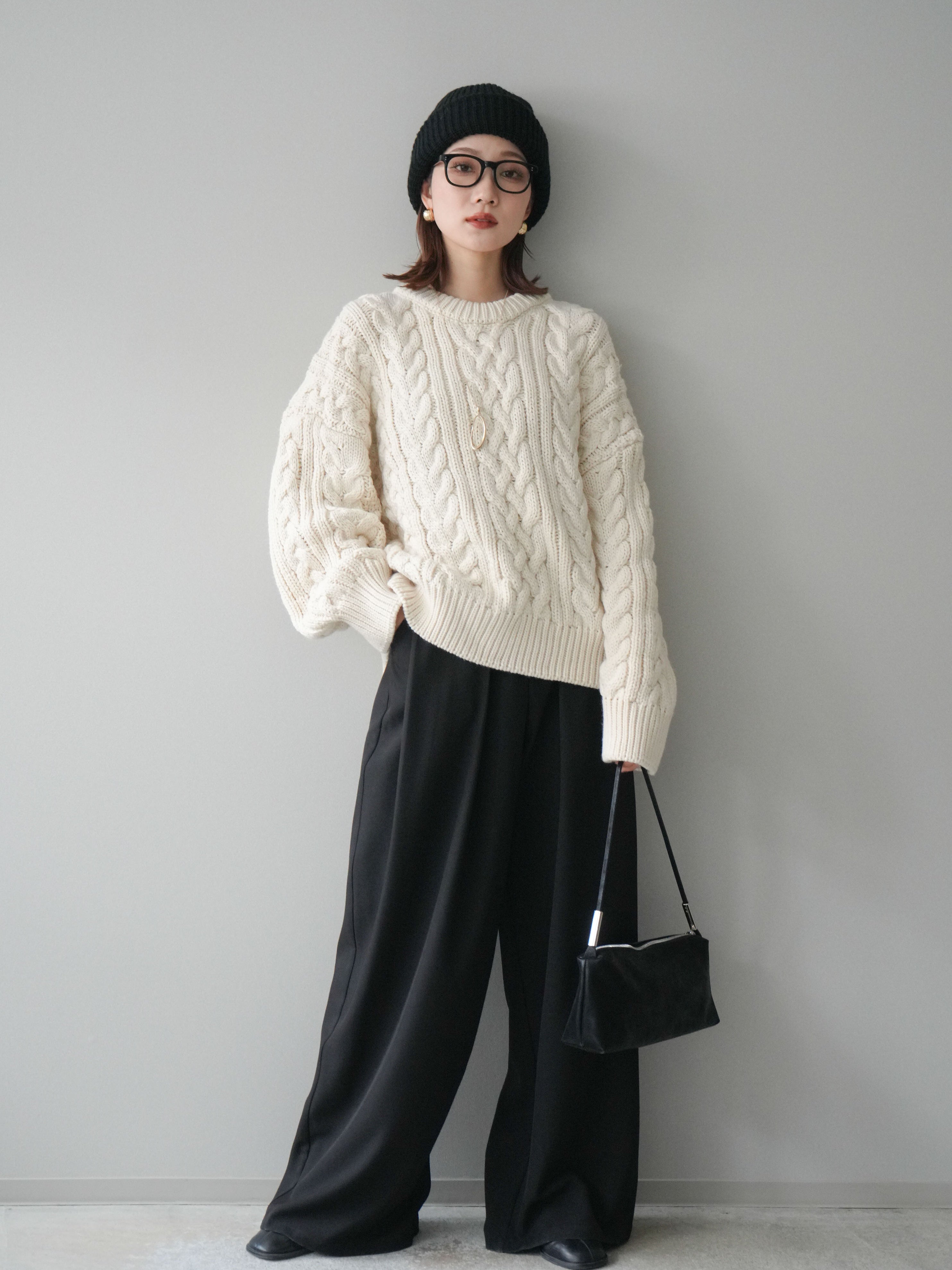 SET]ボリュームケーブルニットプルオーバー+ベルトループデザイン