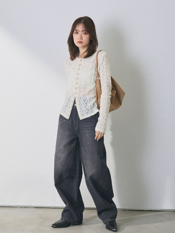 【魅力】[套裝] 金色紐帶針織開襟衫 x 蕾絲襯衫套裝 + 不對稱曲線牛仔褲（兩件套）