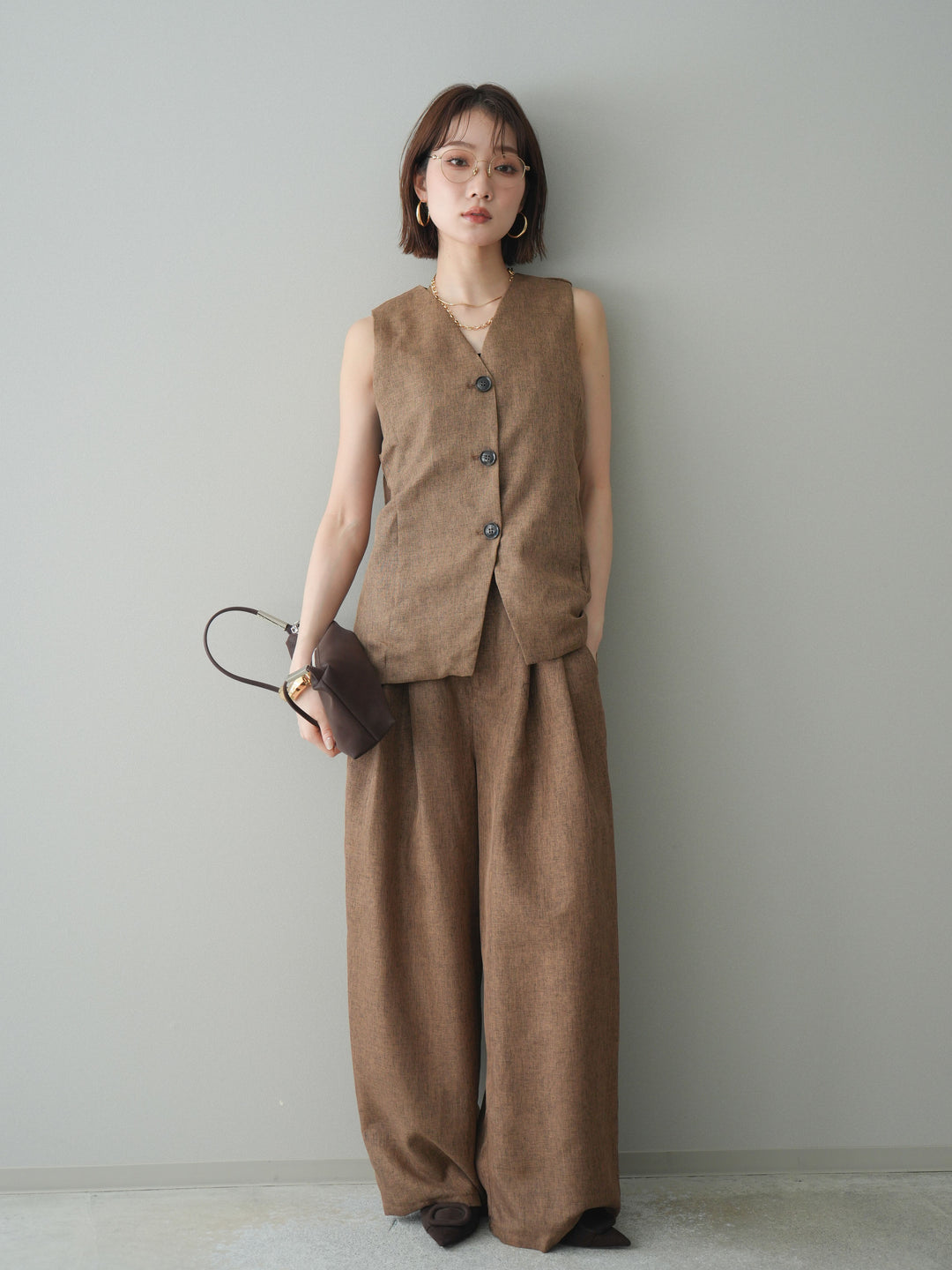 [SET]リネンライクバックオープンジレ+リネンライクタックワイドパンツ(2set)