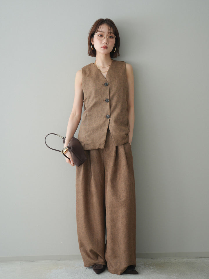 [SET]リネンライクバックオープンジレ+リネンライクタックワイドパンツ(2set)