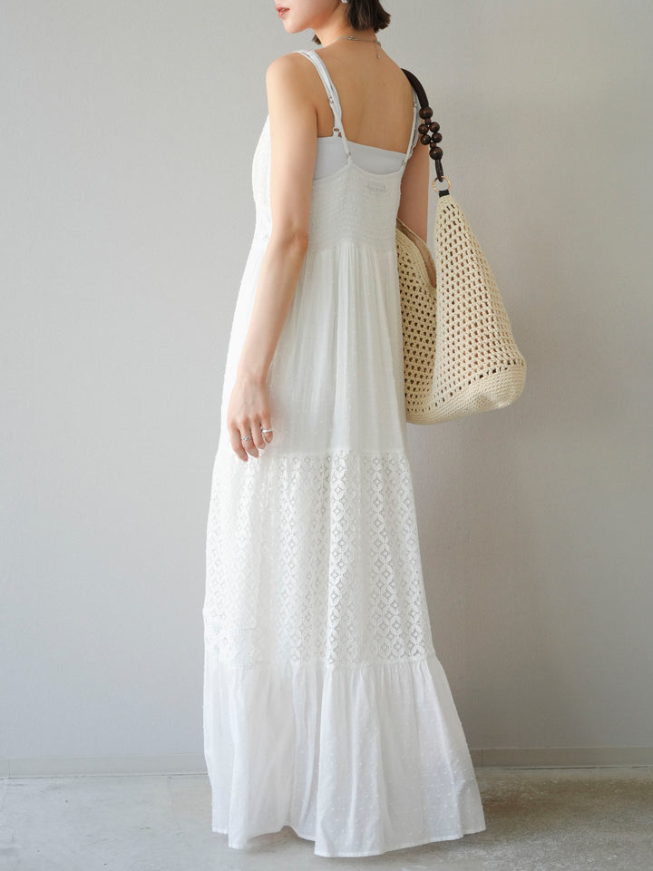 [SET] 蕾絲花邊吊帶裙+網紗羅紋罩杯吊帶背心（2件組）