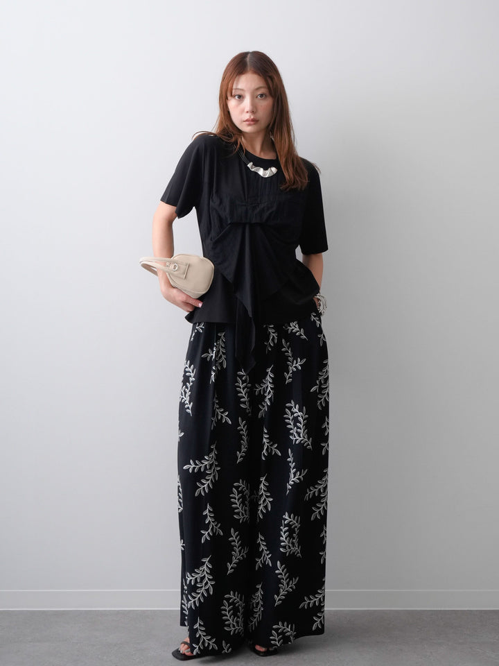 [SET]ラッフルドッキングTEE+リーフプリントタックワイドパンツ(2set)