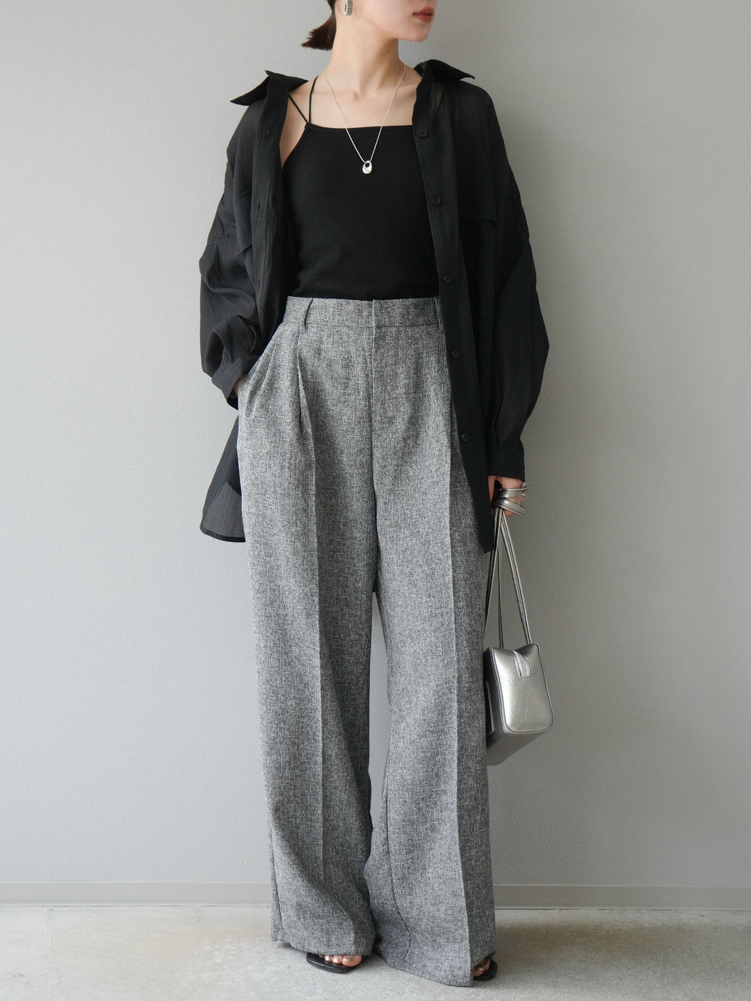 [預購] 混合粗花呢褶襉褲/黑色