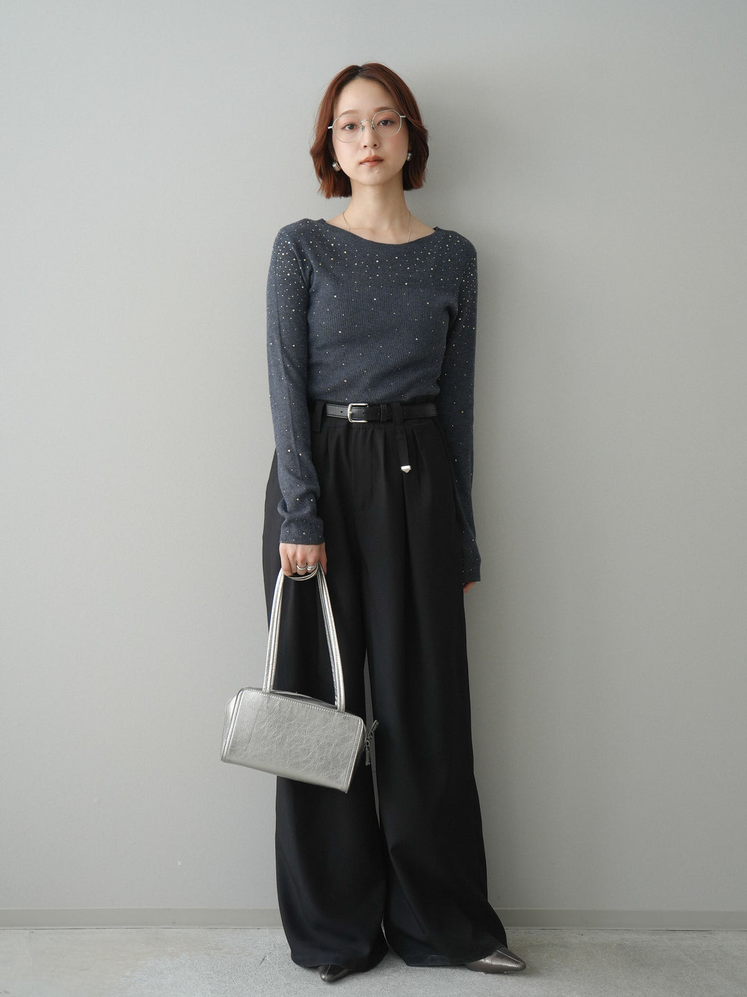 [SET]スパンコールシアーニットトップス+ベルト付キーホルダーモチーフワイドパンツ(2set)