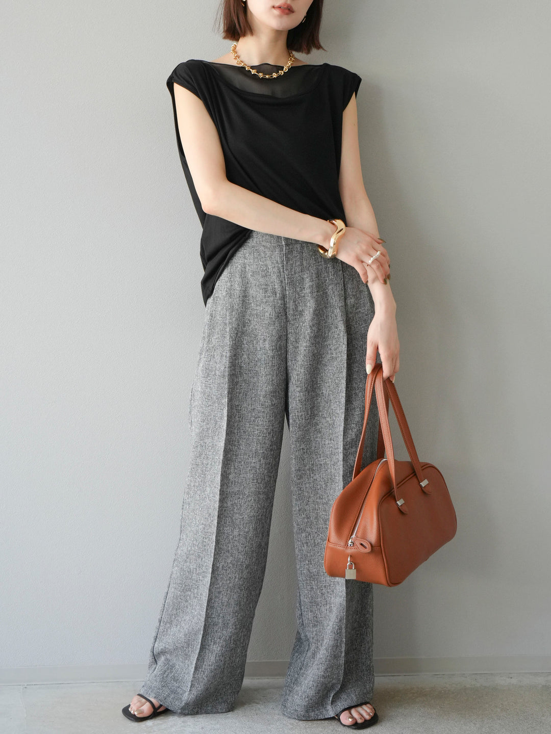 [預購] 混合粗花呢褶襉褲/黑色