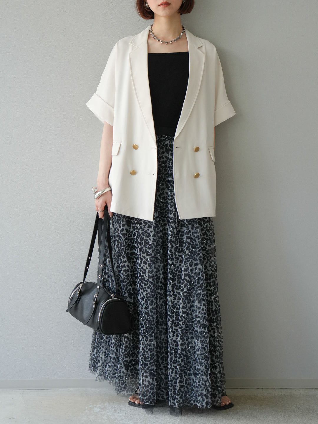 [予約]レオパードチュールレイヤードプリーツスカート/ブラック