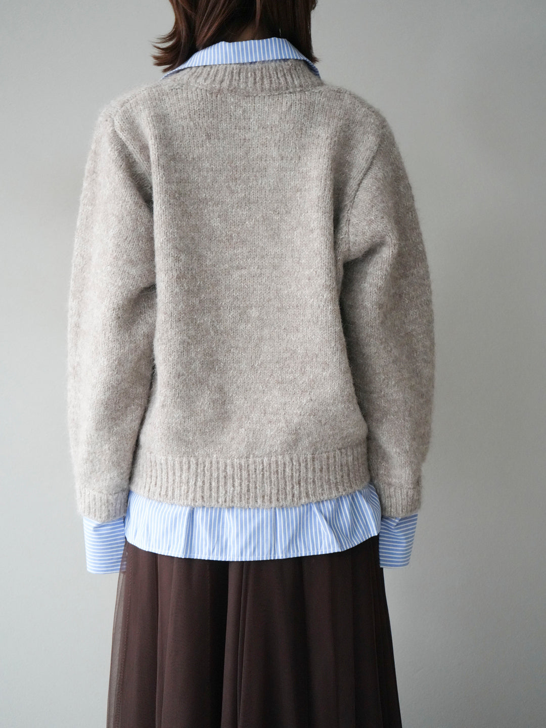 [予約]ストライプシャツドッキングMIXヤーンニットプルオーバー/beige