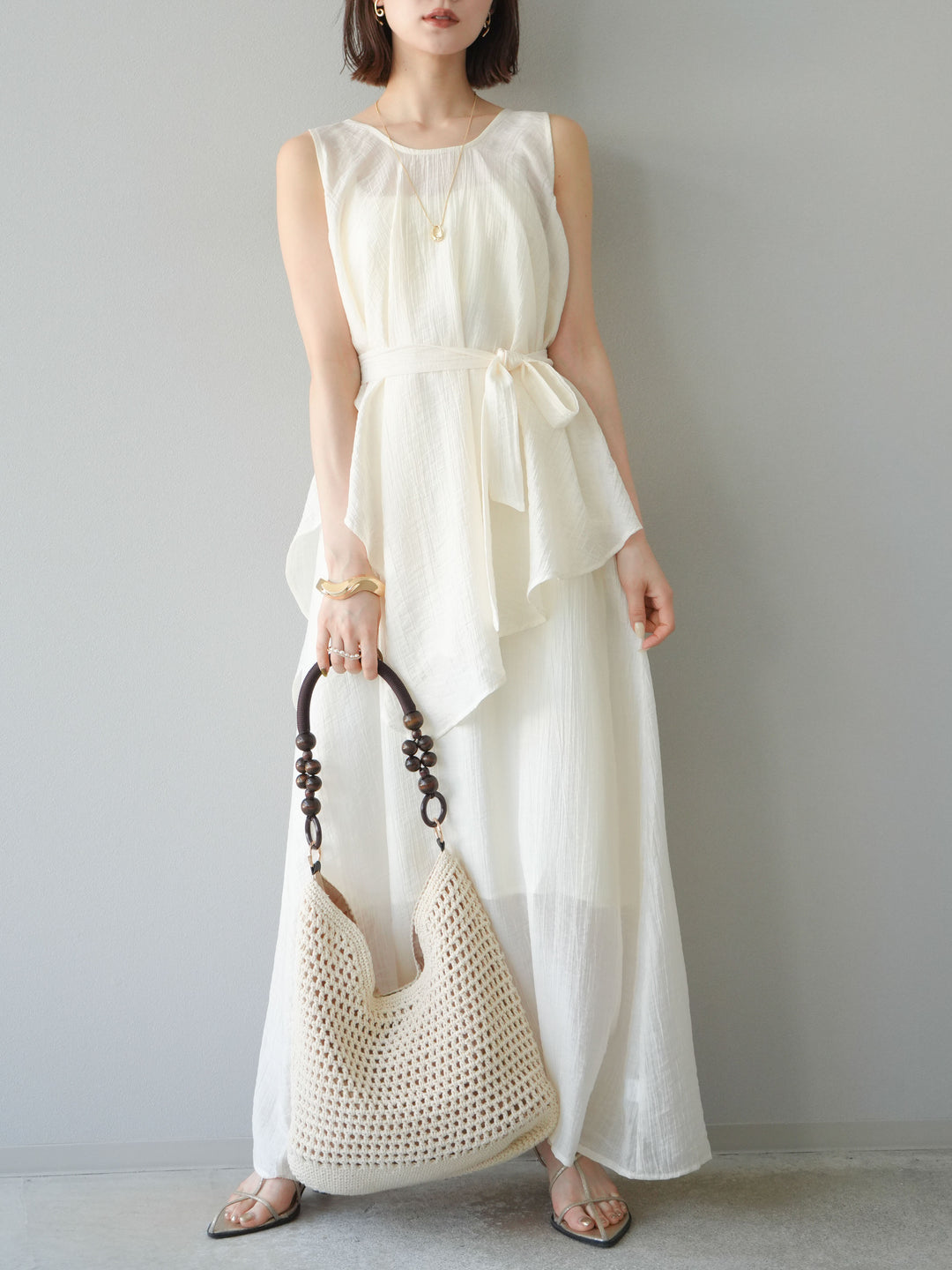 [SET]ワッシャーシアーアシメブラウス＆キャミワンピース+選べるアクセセット(2set)