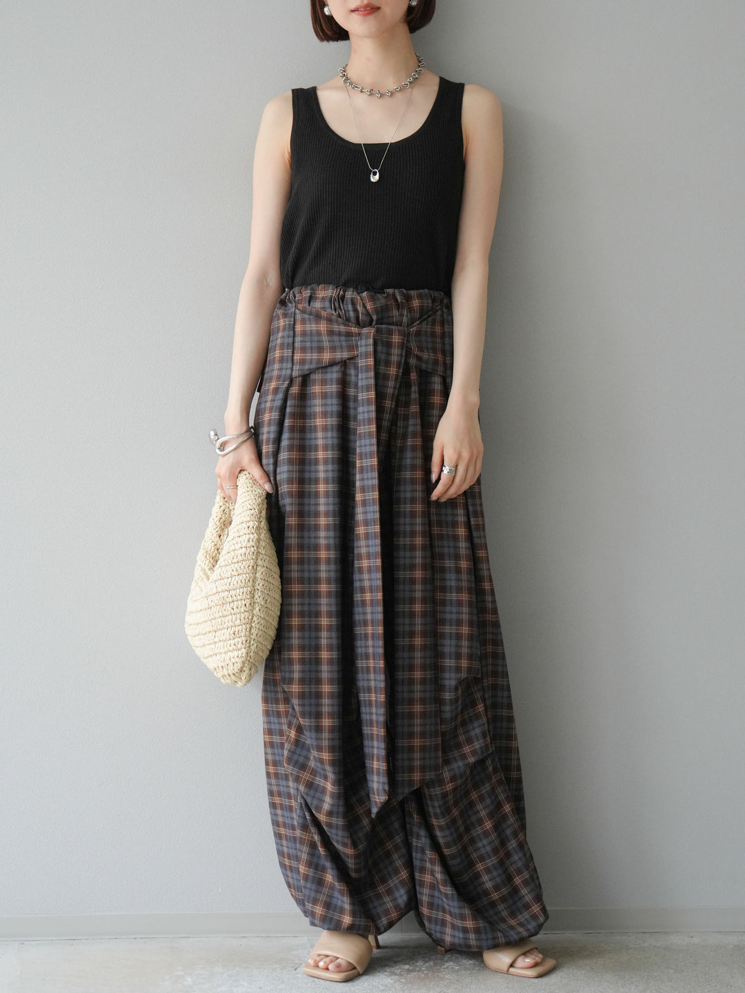[予約]チェック柄ウエスト巻きドロストパンツ/ブラウン