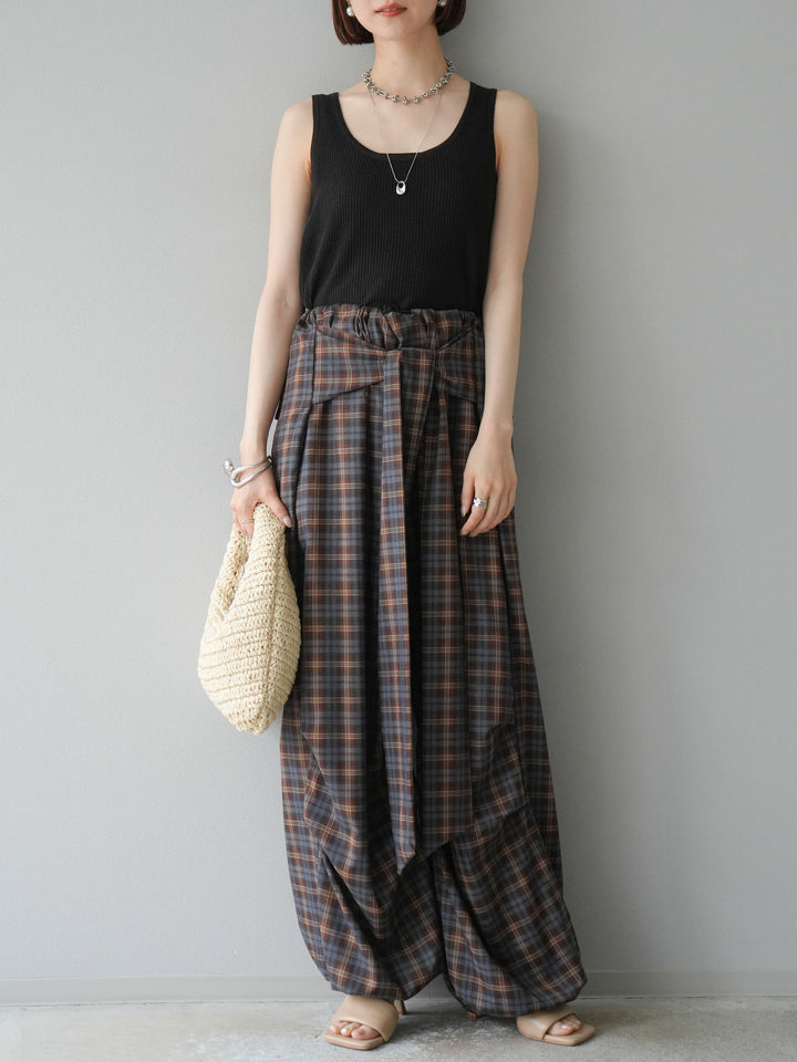 [予約]チェック柄ウエスト巻きドロストパンツ/ブラウン