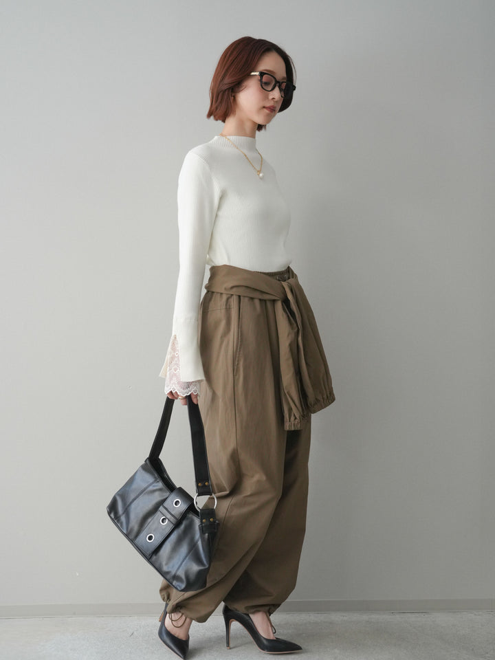 [SET]袖スカラップレースオフネックニットトップス+ウエスト巻きデザインドロストコットンナイロンパンツ(2set)