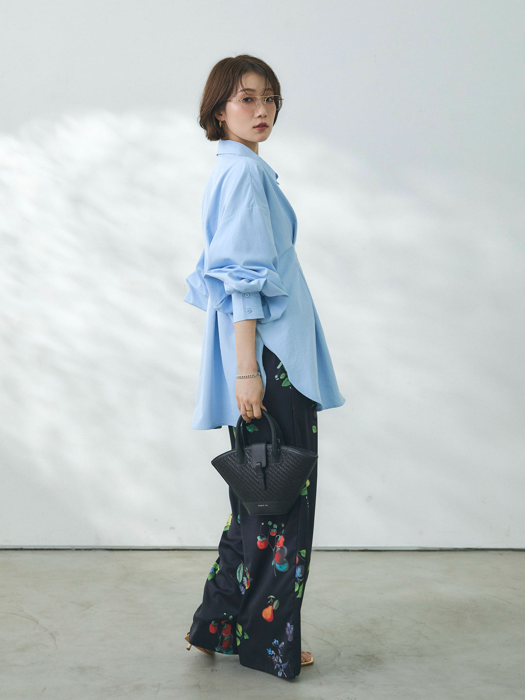 【Allure】[SET]合繊ウエストタックシャツ+ボタニカルプリントイージーパンツ(2set)