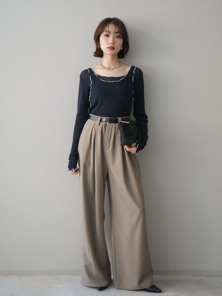 [SET]バイカラーメローアンサンブルシアーニットトップス+ベルト付キーホルダーモチーフワイドパンツ(2set)