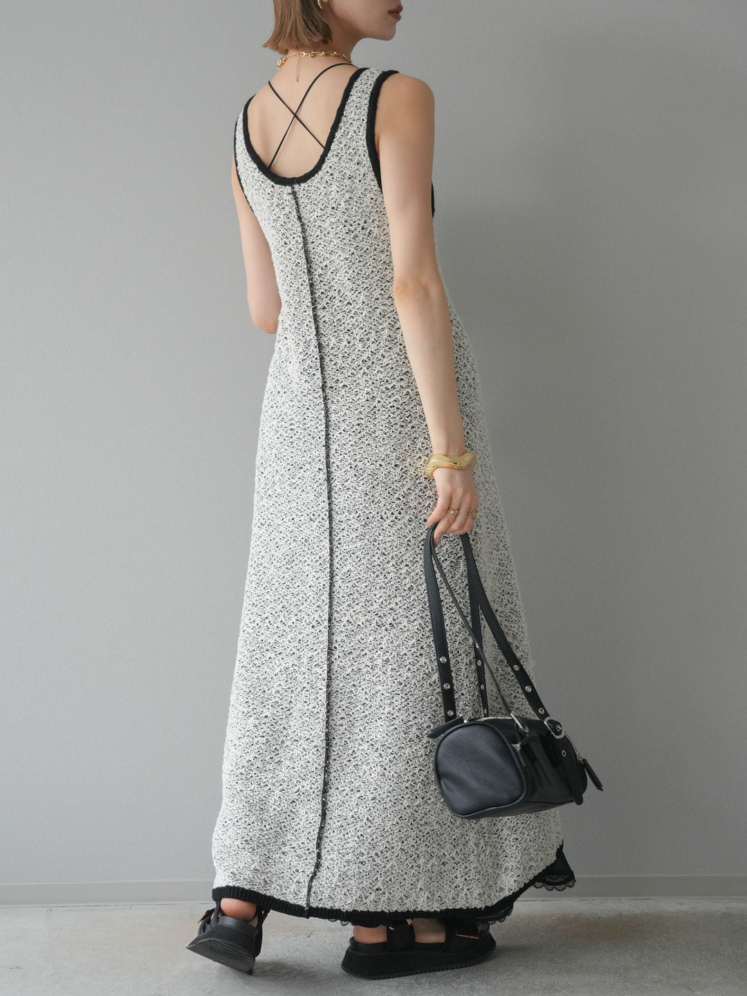 【預購】混紗前開衩洋裝/黑色