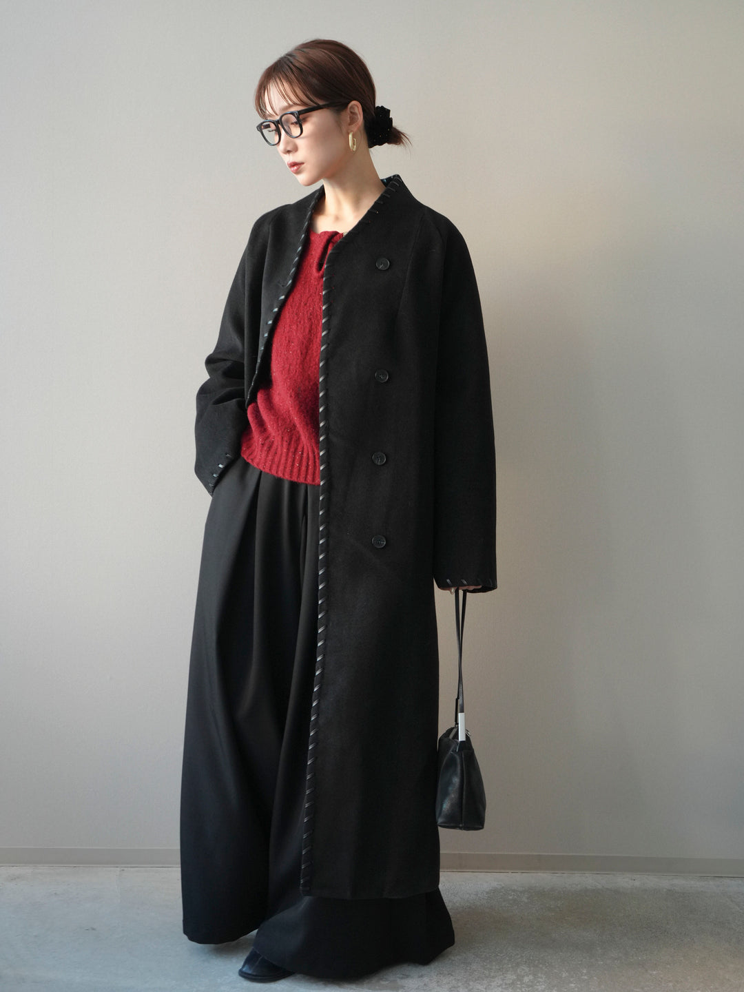 [SET]ハンドステッチ裏中綿ロングコート+テープベルトタックバギーパンツ(2set)