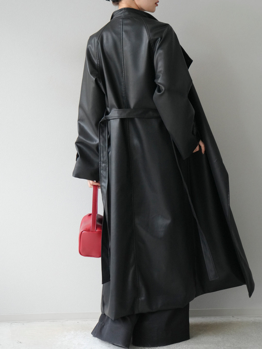 [予約]BIGカラーレザーロングコート/ブラック