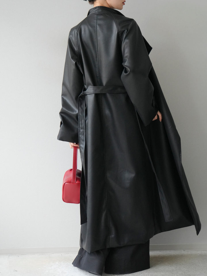 [予約]BIGカラーレザーロングコート/ブラック