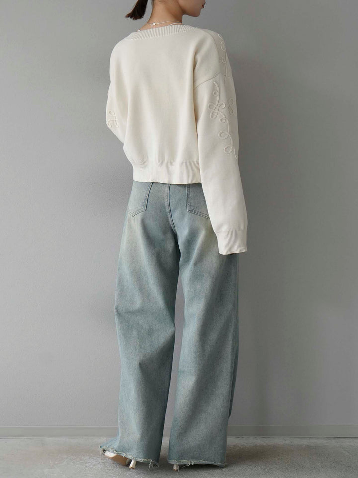 [SET]コード刺繍コットンニットジップカーディガン+ダブルストラップカットリブブラキャミソール+ベルトアシンメトリーダメージデニム(3set)