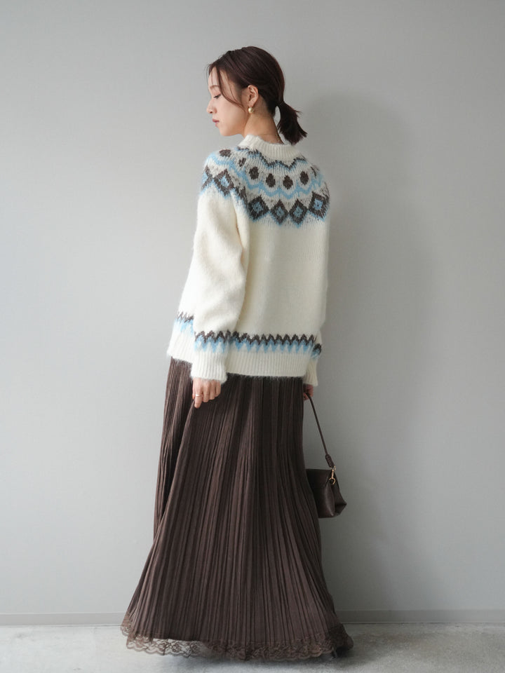 [SET]ソフトタッチ求心柄ニットプルオーバー+裾レーススウェードプリーツマキシスカート(2set)