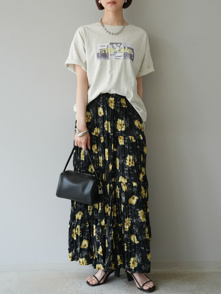 [SET]ネオンロゴコラージュフォトプリントオーバーTシャツ+フラワーワッシャーロングスカート(2set)