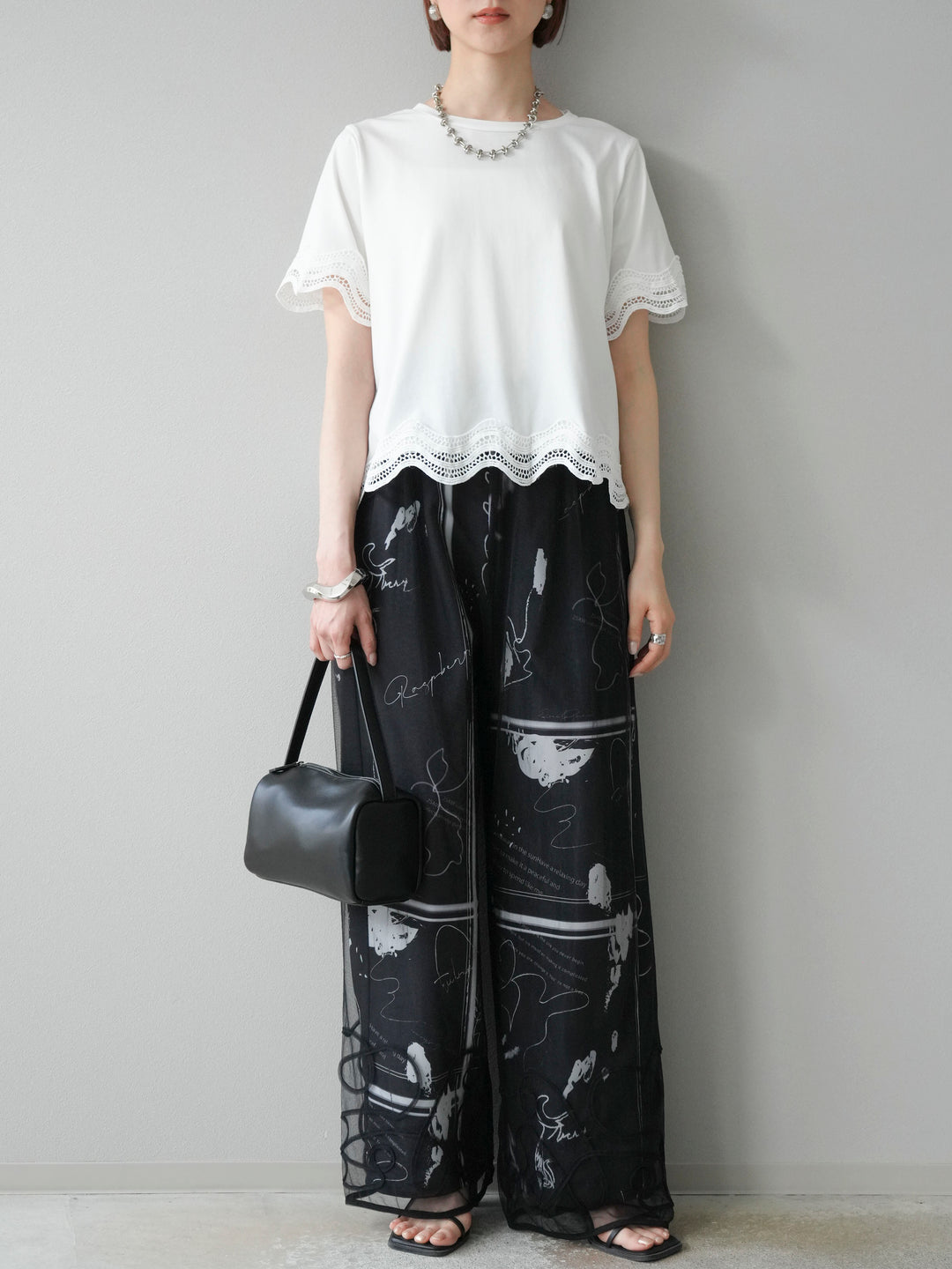 [SET]コード刺繍チュールレイヤードパンツ+ペイント柄タックパンツ(2set)