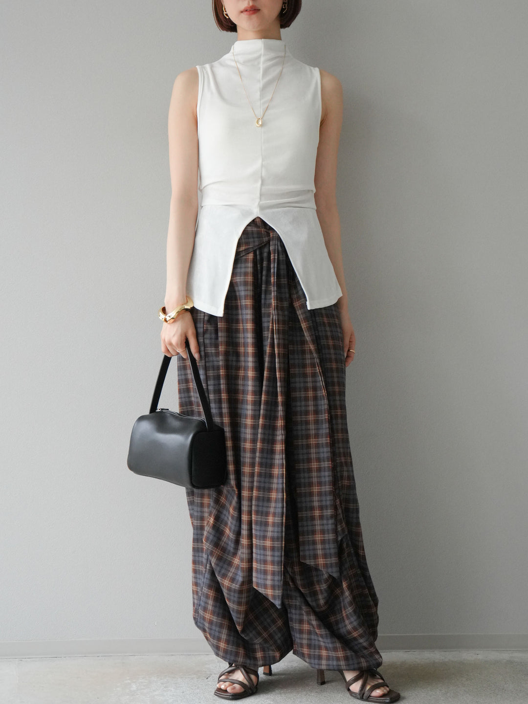 [予約]チェック柄ウエスト巻きドロストパンツ/ブラウン
