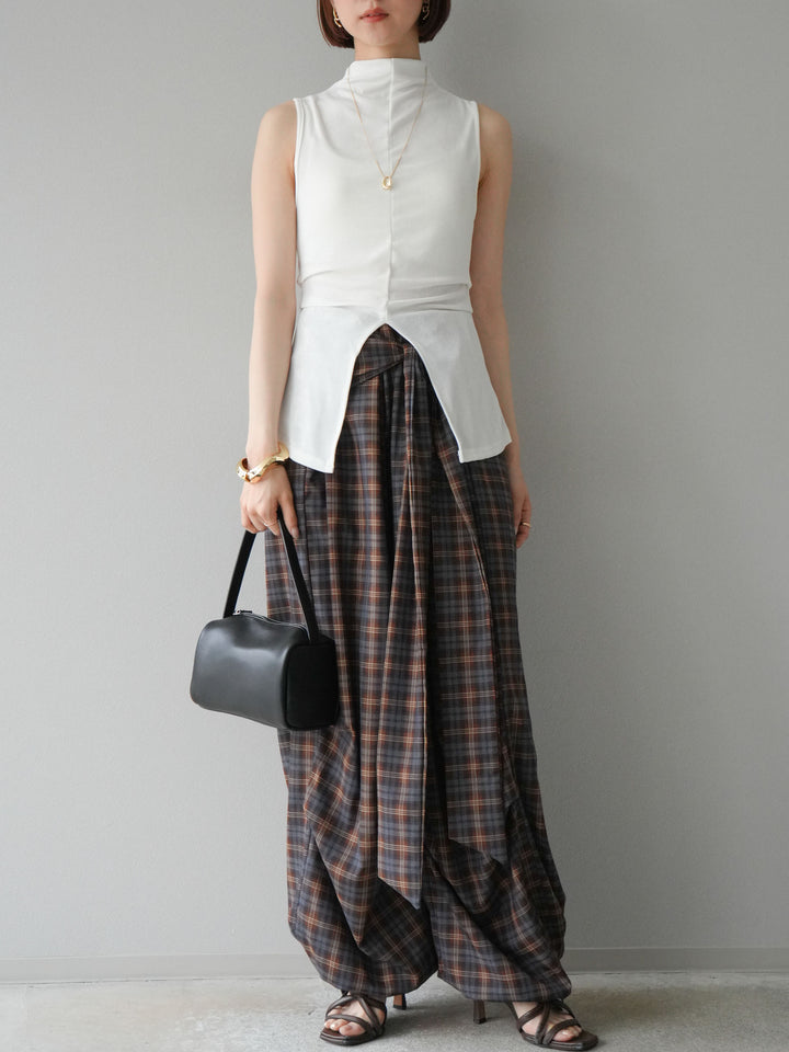 [予約]チェック柄ウエスト巻きドロストパンツ/ブラウン