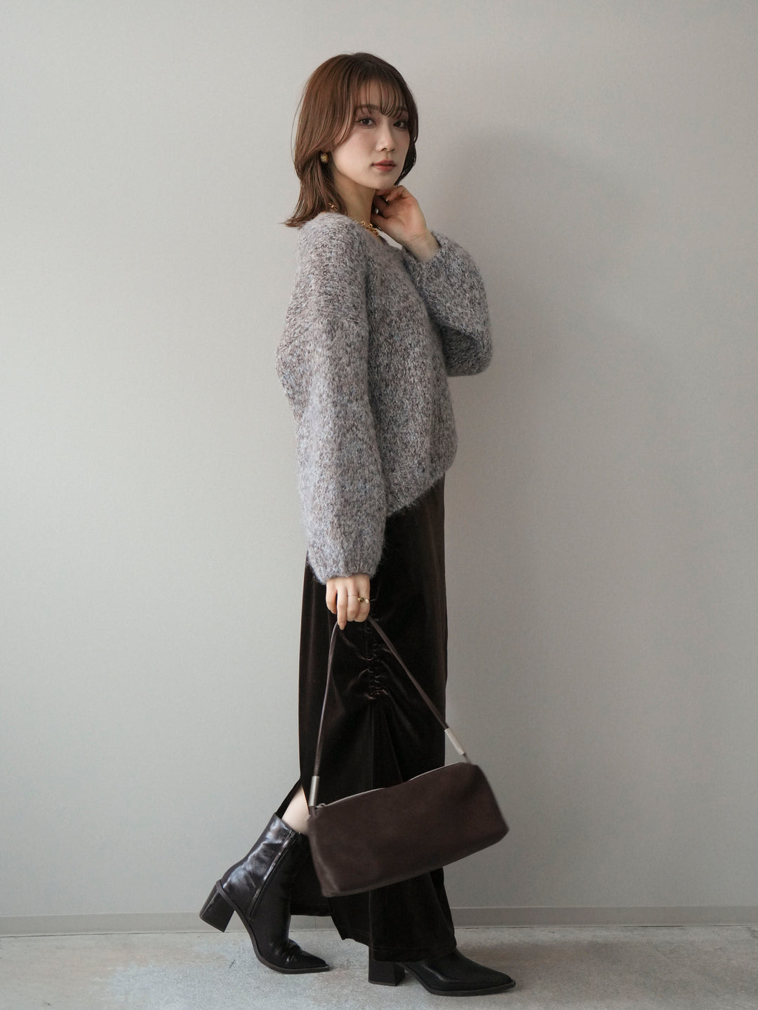 [SET]Vネックミックスヤーンニットプルオーバー+ギャザーベロアスカート(2set)