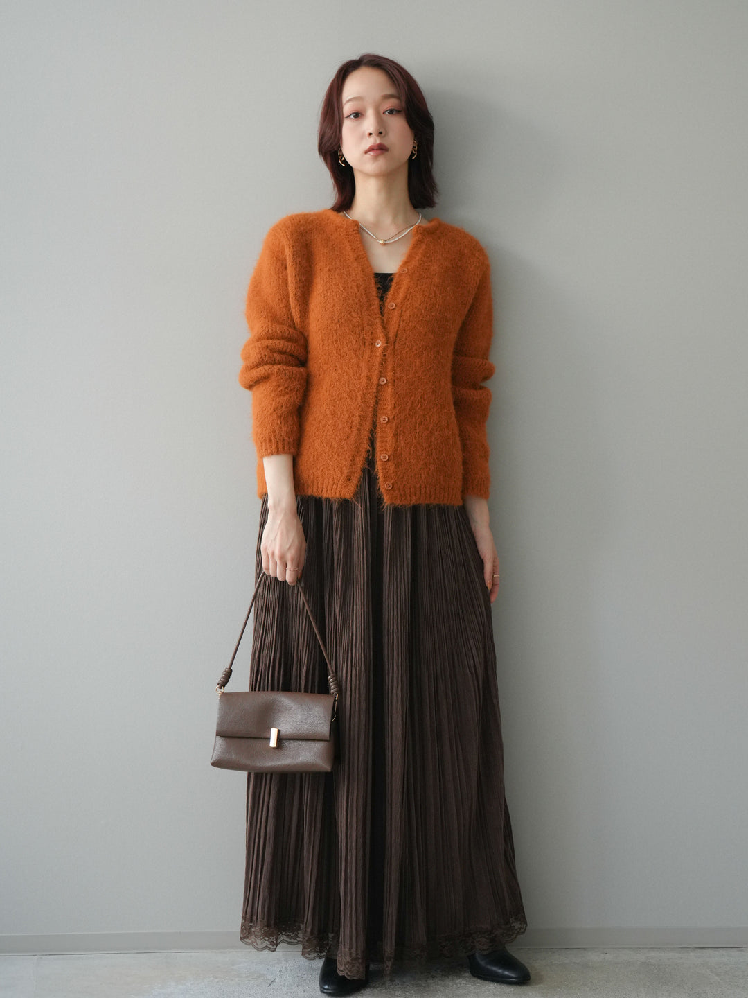 [予約]キーネックシャギーニットカーディガン/camel