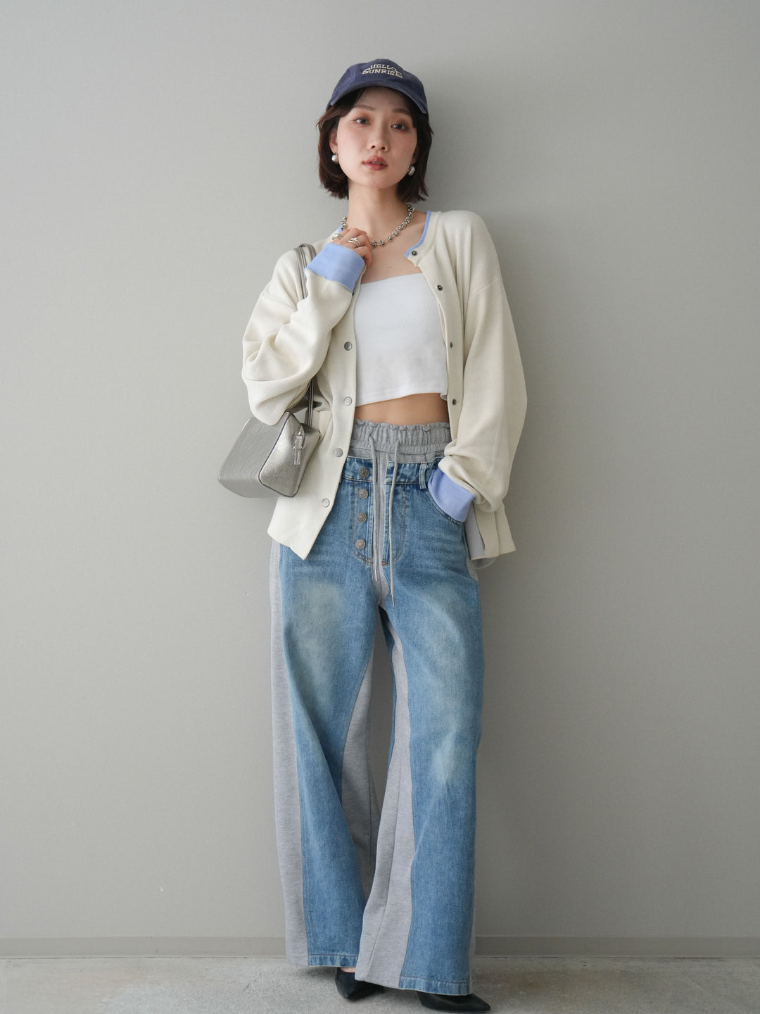 [SET]バイカラーオーバーニットカーディガン+デニム切替スウェットパンツ(2set)