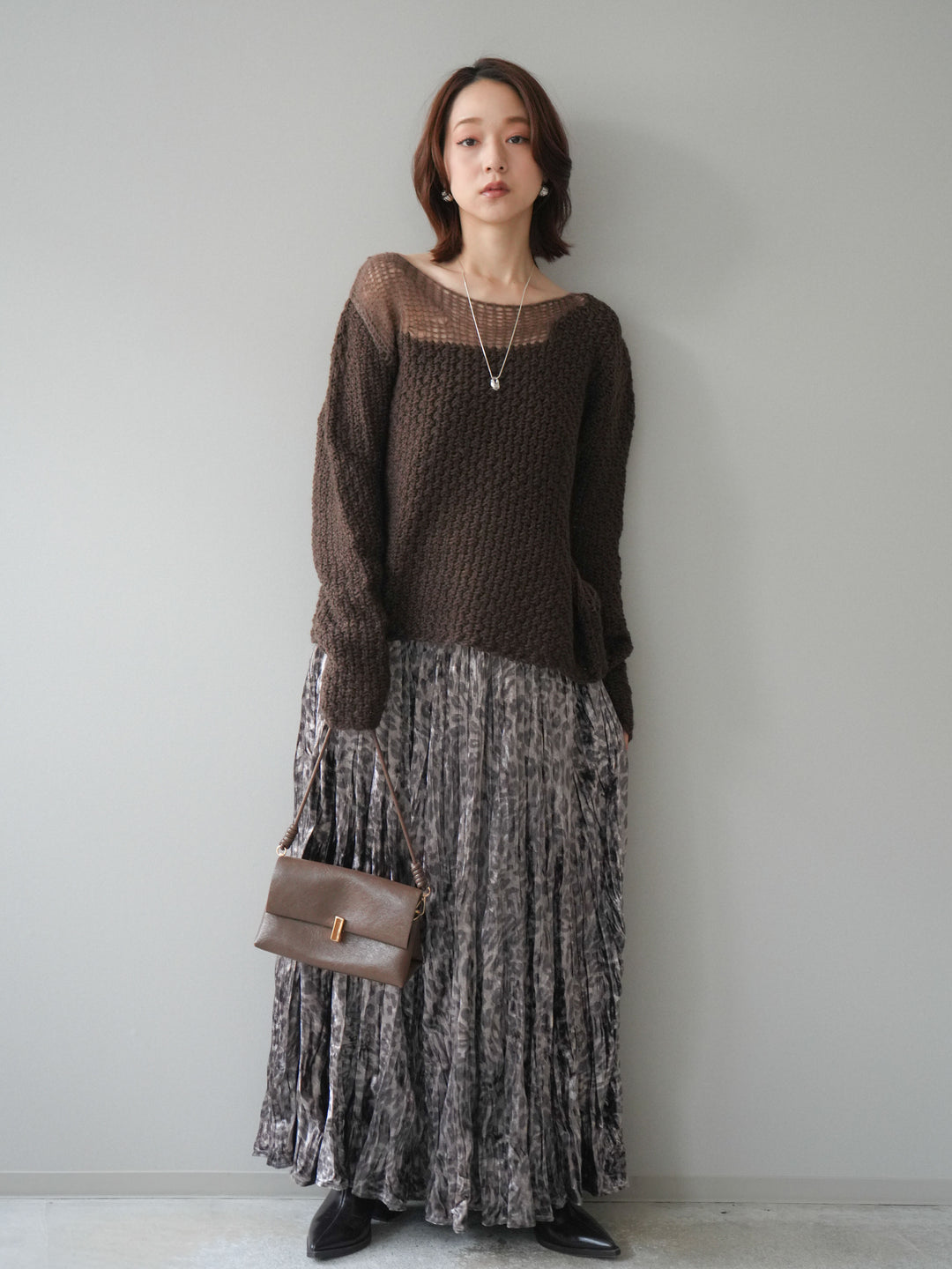 [予約]レオパードベロアワッシャーロングスカート/gray