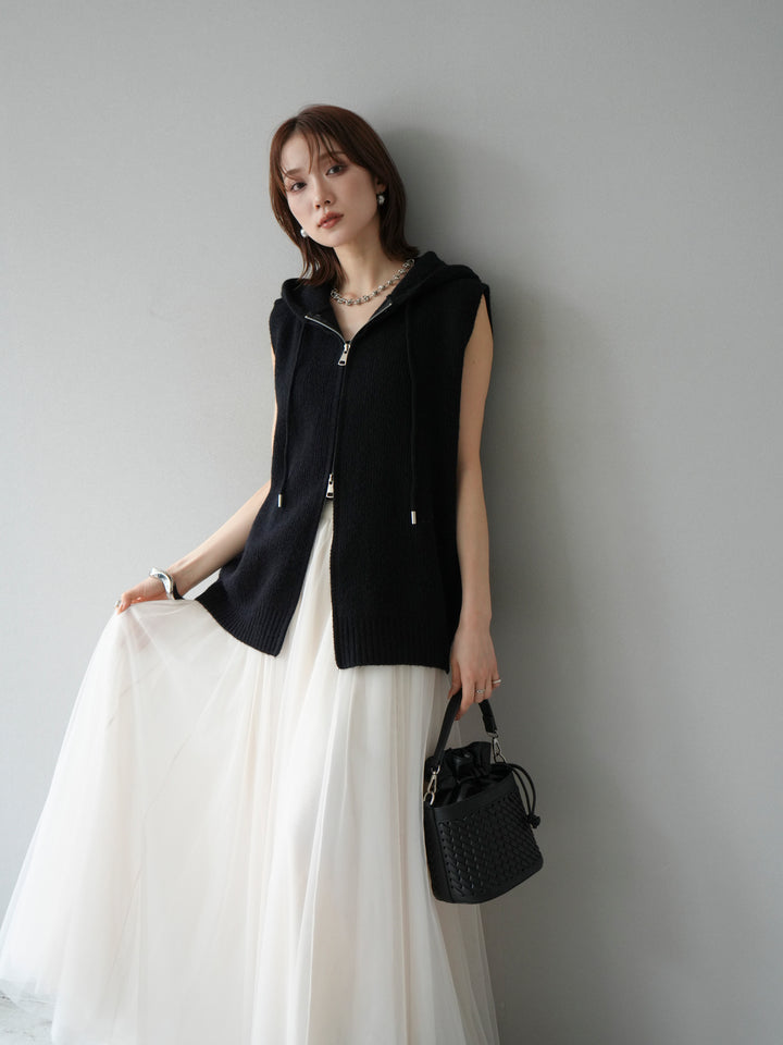 [予約]ノースリーブニットパーカー/ブラック