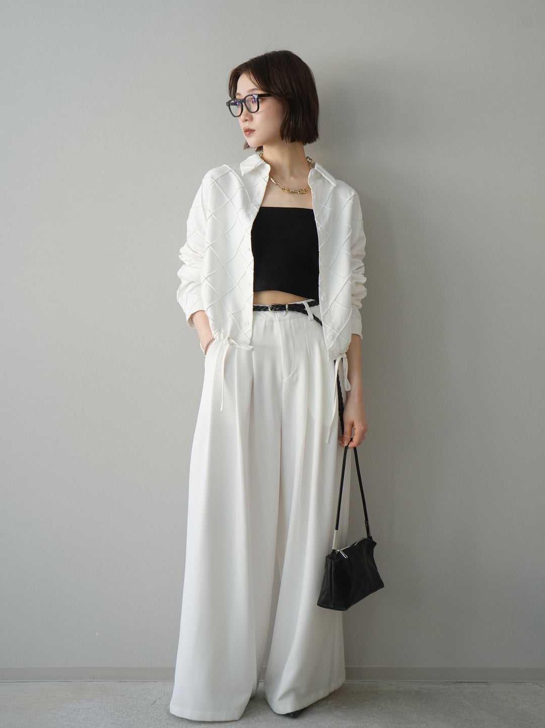 [予約]編み込みベルト付タックワイドパンツ/white