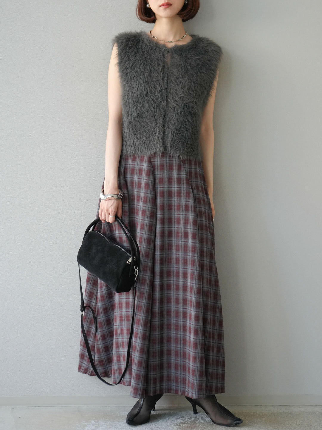 [予約]チェックタックフレアロングスカート/ ボルドー