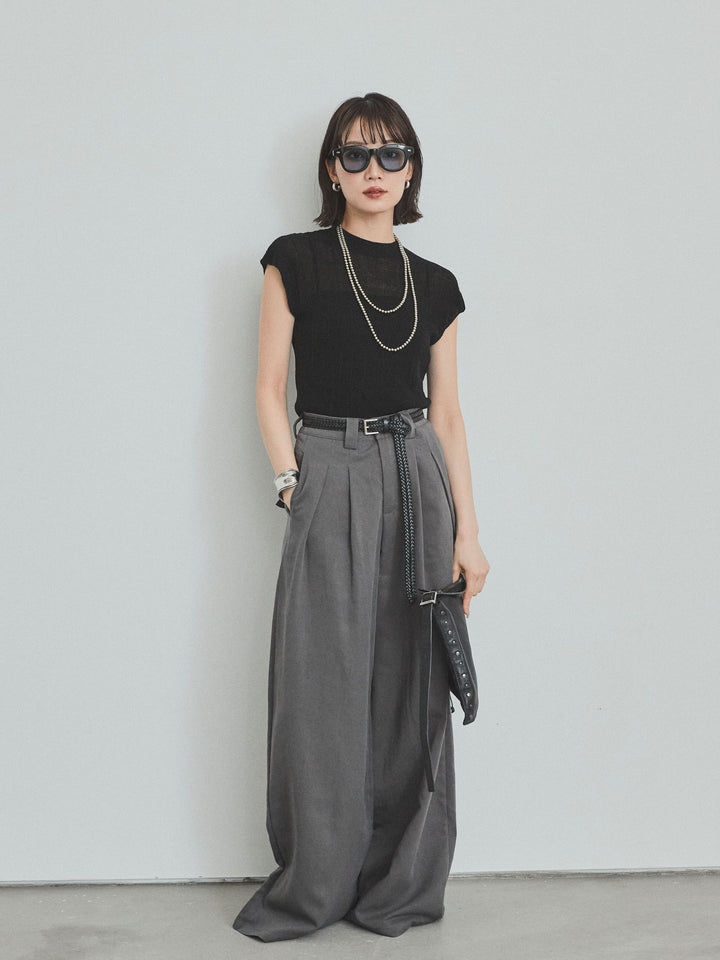 【預購】亞麻觸感褶皺寬褲/炭灰色