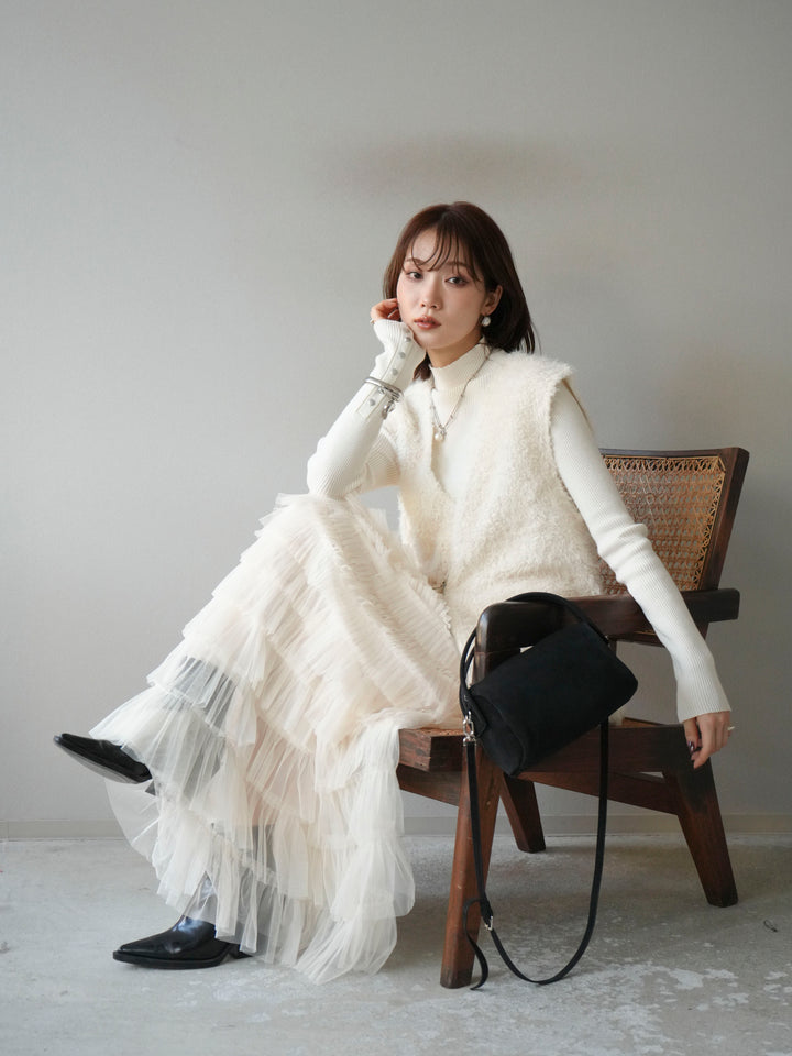 [予約]袖ボタンボトルネックリブニットトップス/アイボリー