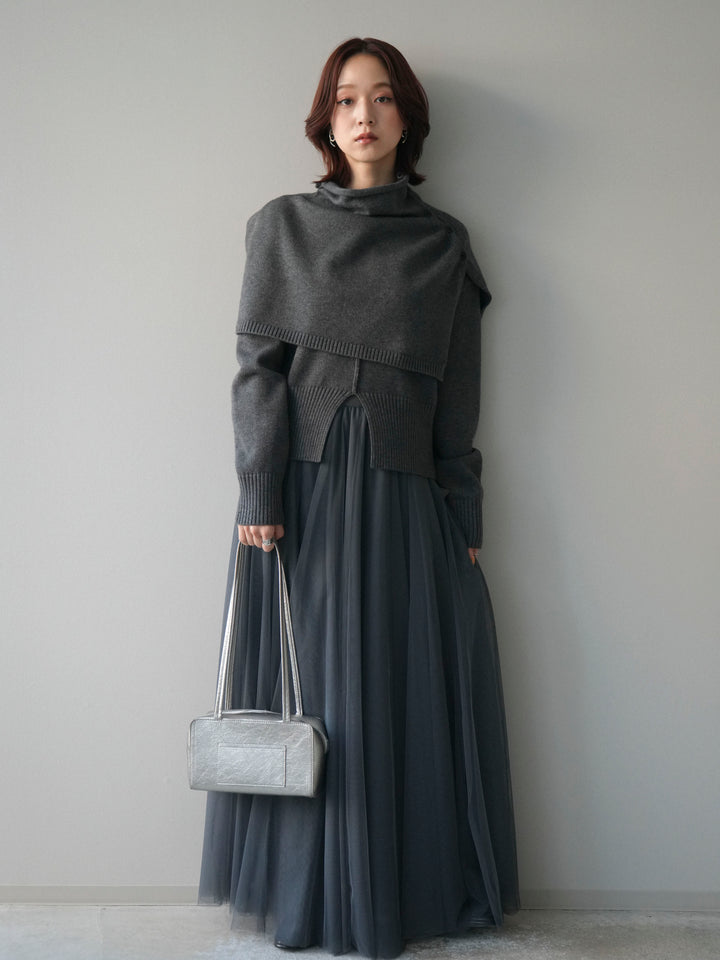 [予約]フロントスリットネックアンサンブルニット/charcoal