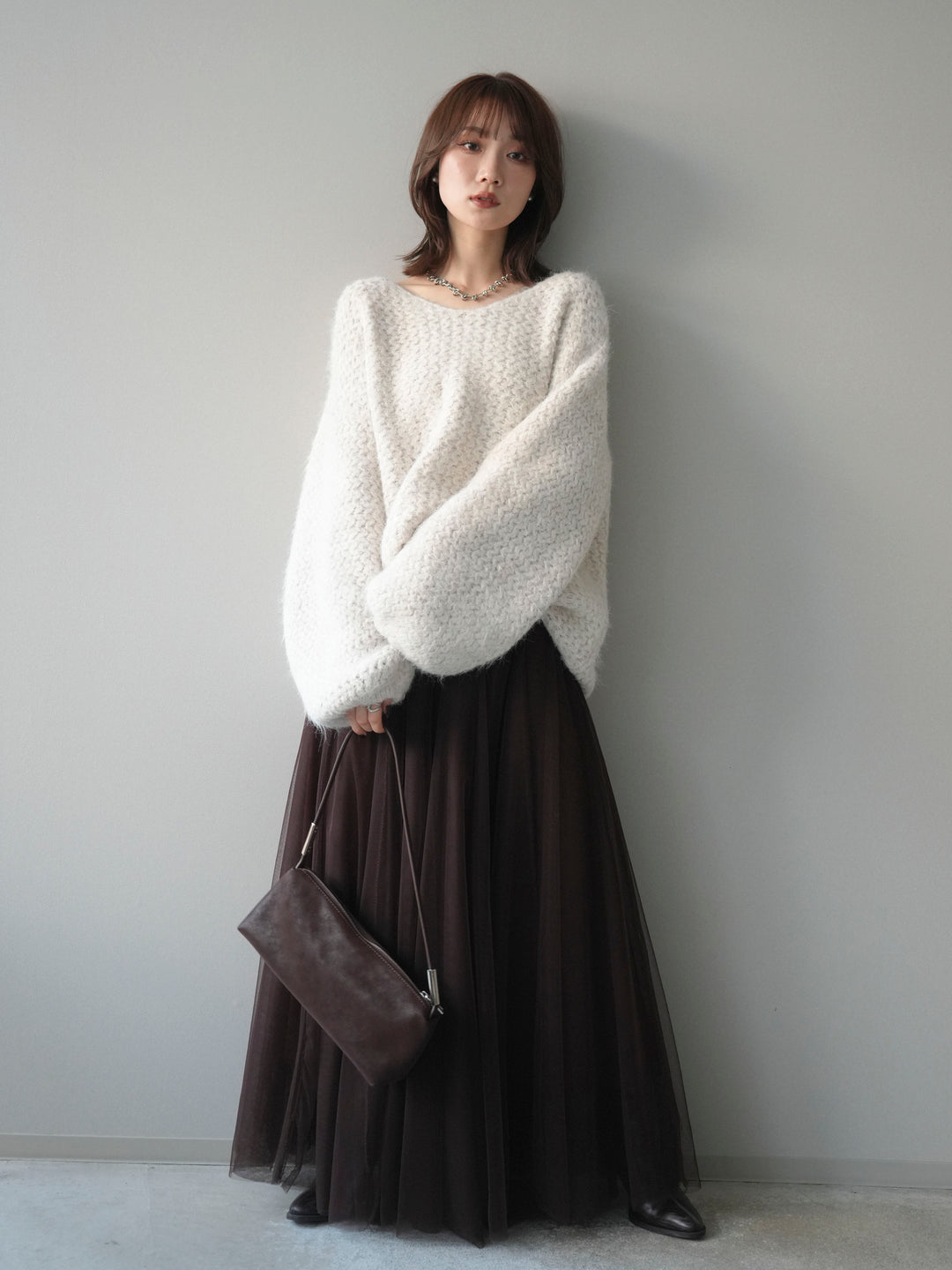 [SET]ウールタッチラメミックスヤーンVネックニットプルオーバー+チュールボリュームスカート(2set)