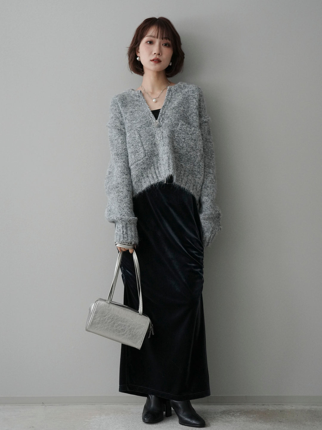 [SET]ミックスヤーンダブルZIPニットカーディガン+ギャザーベロアスカート(2set)