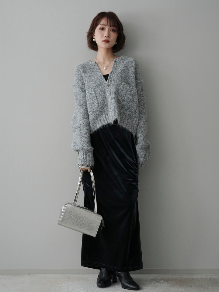 [SET]ミックスヤーンダブルZIPニットカーディガン+ギャザーベロアスカート(2set)