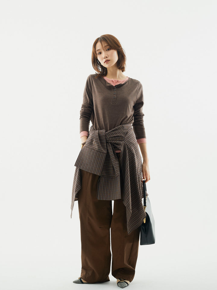 【Allure】[SET]配色レイヤードヘンリーネックトップス+タフタワイドカーブパンツ(2set)