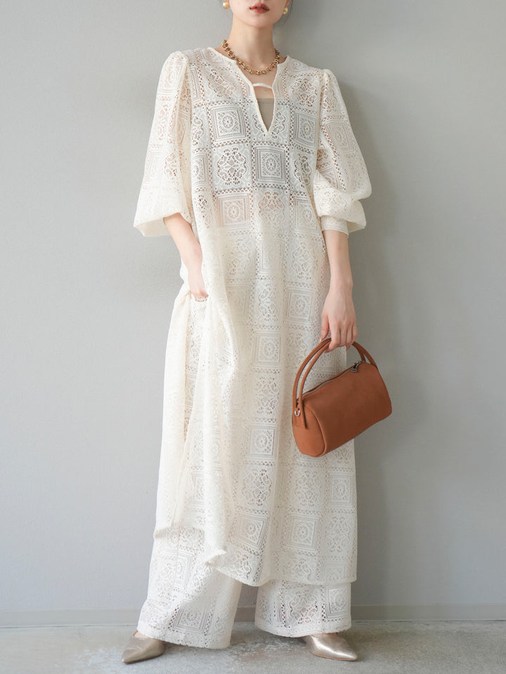 【套裝】塊蕾絲捲袖洋裝+塊蕾絲寬褲（2套）