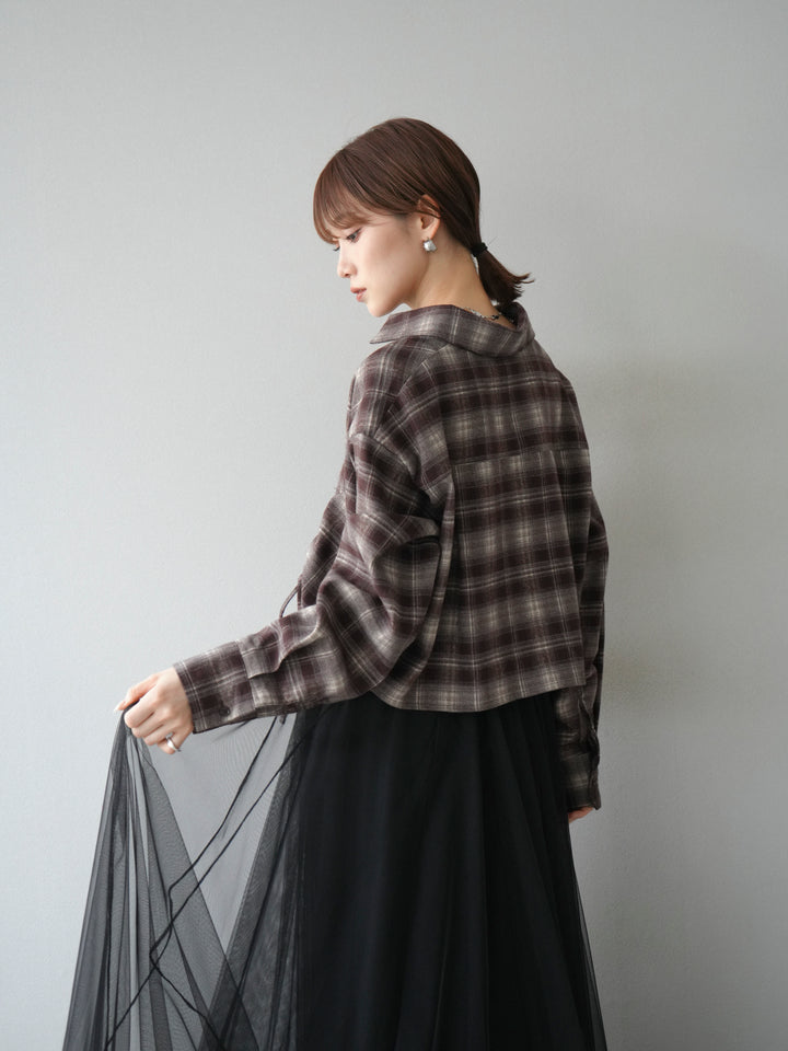 [予約]ドロストクロップネルチェックドシャツ/ブラウン