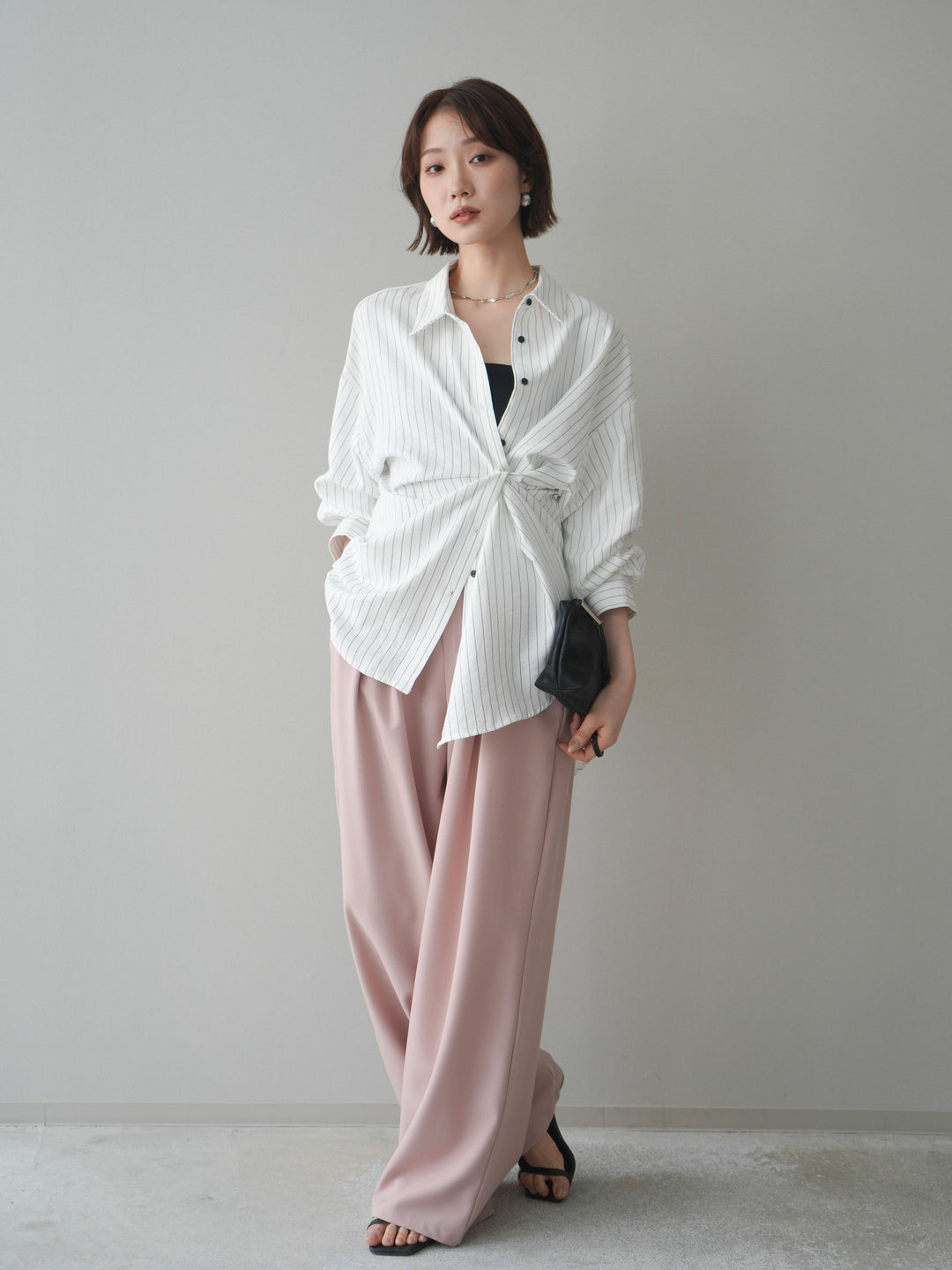 [SET]2WAYカシュクールストライプブラウス+ベルト付キーホルダーモチーフワイドパンツ(2set)