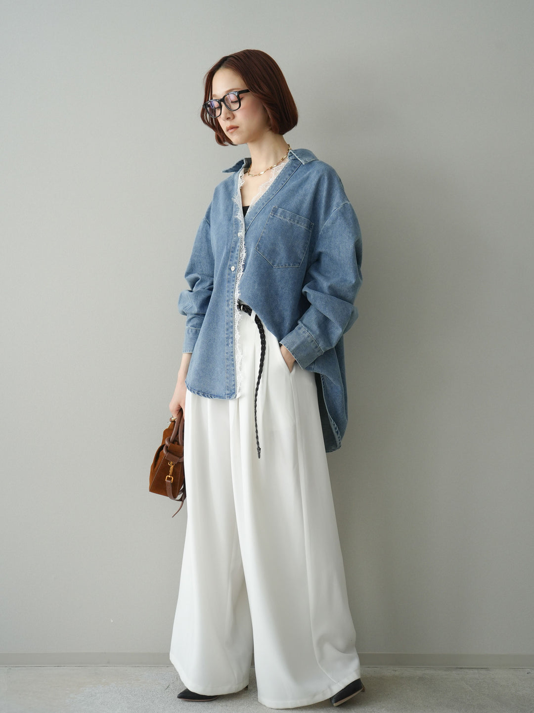 [予約]編み込みベルト付タックワイドパンツ/white