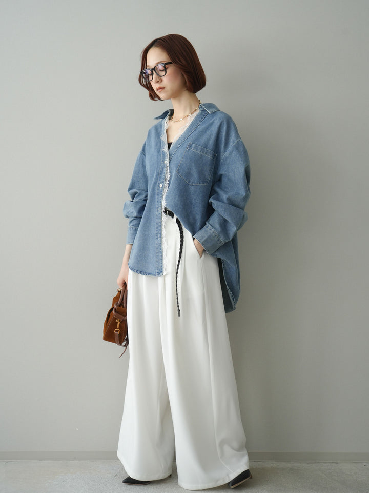 [予約]編み込みベルト付タックワイドパンツ/white