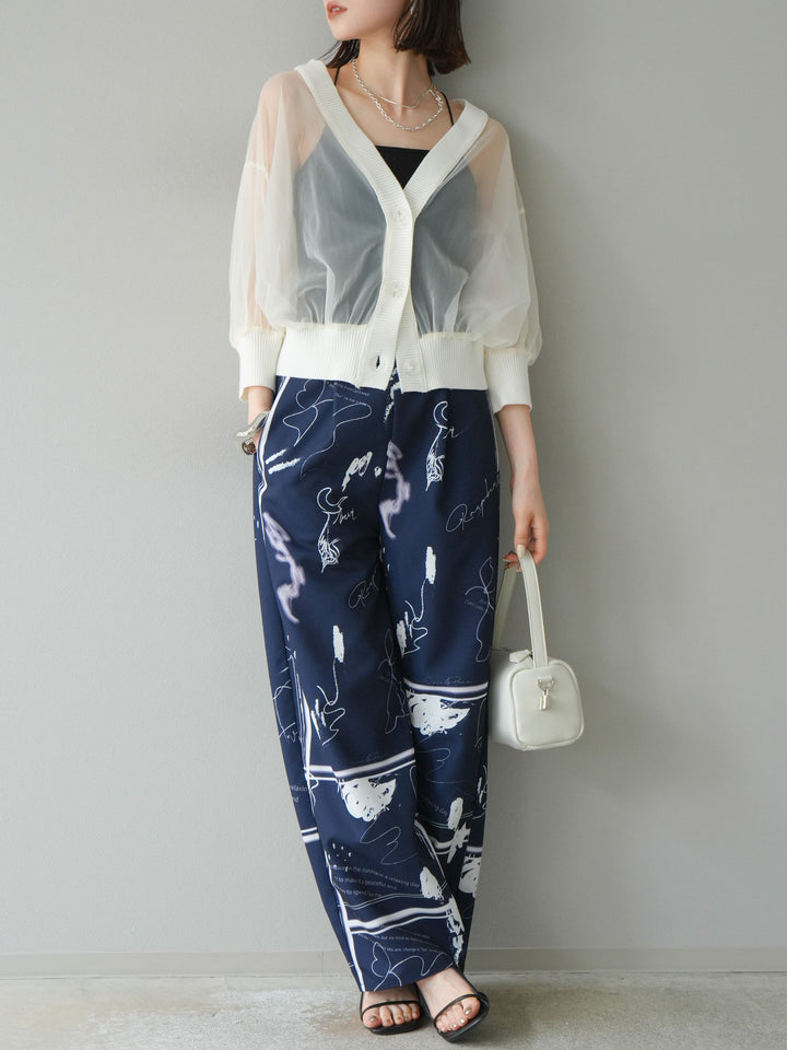 [SET] 透視半袖褶皺開襟衫 + 彩繪圖案褶襉褲 (2set)