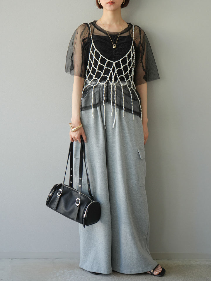 [SET]ラメチュールシャーリングプルオーバー+パールフリンジビスチェ+ウエストラインサイドポケットスウェットパンツ(3set)